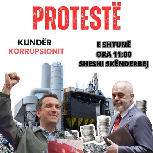Poster me mbishkrimin Proteste kunder Korrupsionit, Edi Rama dhe Erion Veliaj dhe pamje inceneratori