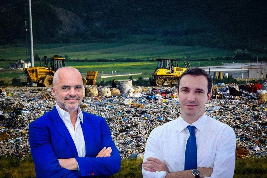 Edi Rama dhe Erion Veliaj me ne sfond nje landfill