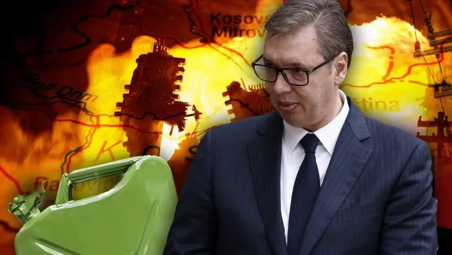 Aleksander Vucic nje bidon vaji dhe sfond i hartes se Kosoves e cila duket si e djegur