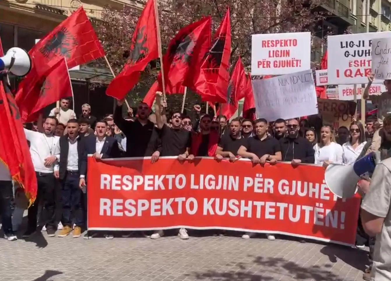 Protestues me flamuj shqiptarë dhe banderolë që shkruan: RESPEKTO LIGJIN PËR GJUHËT! RESPEKTO KUSHTETUTËN!